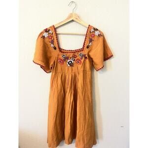 Madewell Mini Dress Embroidered Flowers Mustard Yellow Size Small No Size Tag